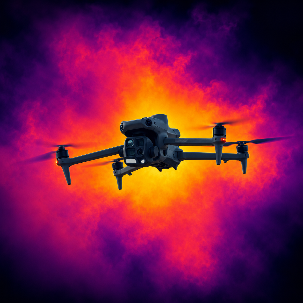 DJI Matrice 4 thermal drone in flight against a bright thermal-colored background