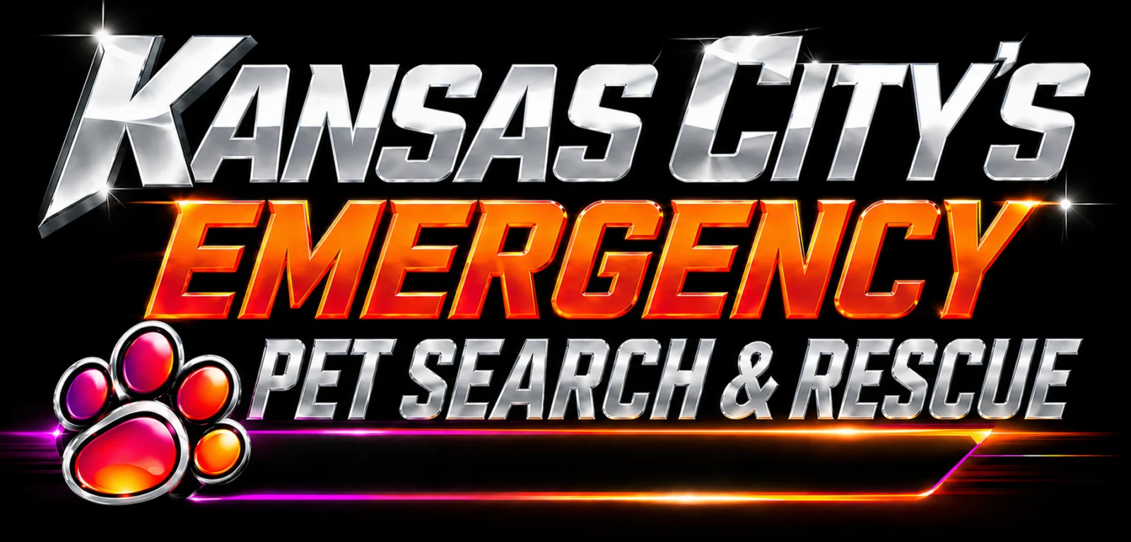 Kansas City's Emergency Pet Search & Rescue brand graphic in chrome and thermal orange with a KC Pet Search & Rescue paw mark