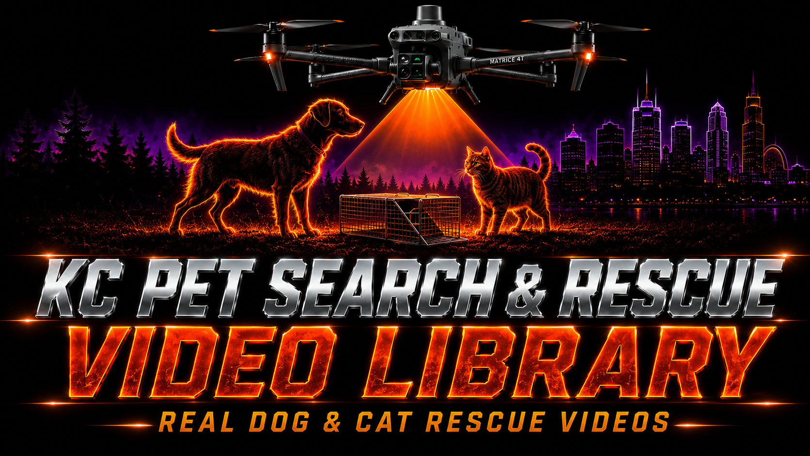Thermal drone scanning for a lost dog and cat near the Kansas City skyline, with a humane trap on the ground below