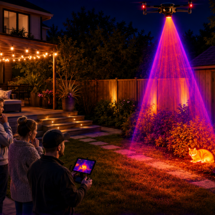 Thermal drone flight over a back yard locating a cat's heat signature while an operator reviews the thermal tablet