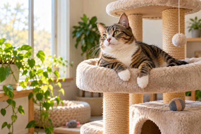 AI-generated illustration of a relaxed cat on a cat tree by a sunny window in a cozy room