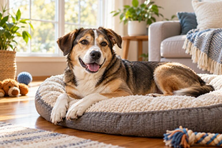 AI-generated illustration of a relaxed dog resting on a soft bed in a bright, home-like room