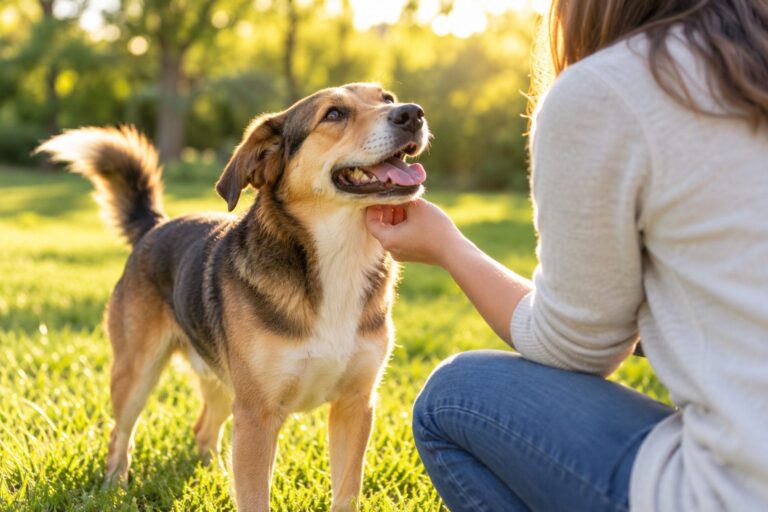 AI-generated illustration of a volunteer, seen from behind, gently greeting a happy dog in a sunny yard